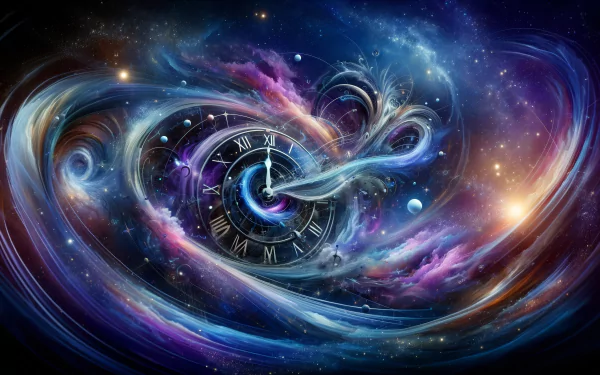 HD desktop wallpaper featuring an artistic representation of time and space with a swirling galaxy and clockwork elements intertwined in a vibrant cosmic scene.
