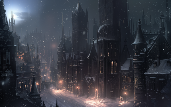 HD wallpaper of a snowy gothic city at night with illuminated streets and falling snowflakes, perfect for desktop background.