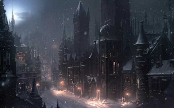 A gothic, snowy cityscape illuminated by lanterns under a moonlit sky, creating a dark yet enchanting atmosphere in this HD desktop wallpaper.