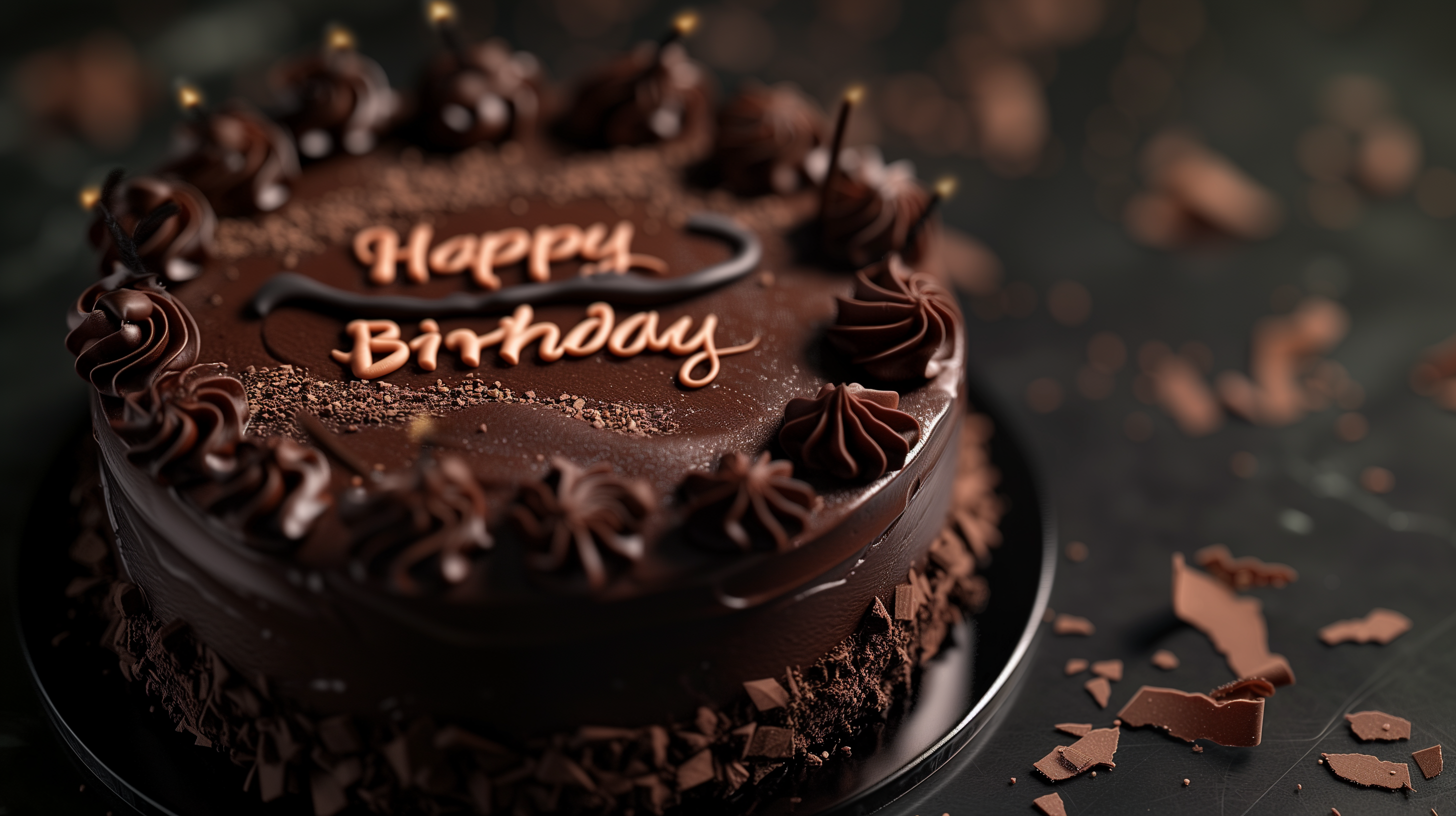 HD wallpaper of a decadent chocolate Happy Birthday cake ideal for desktop background.