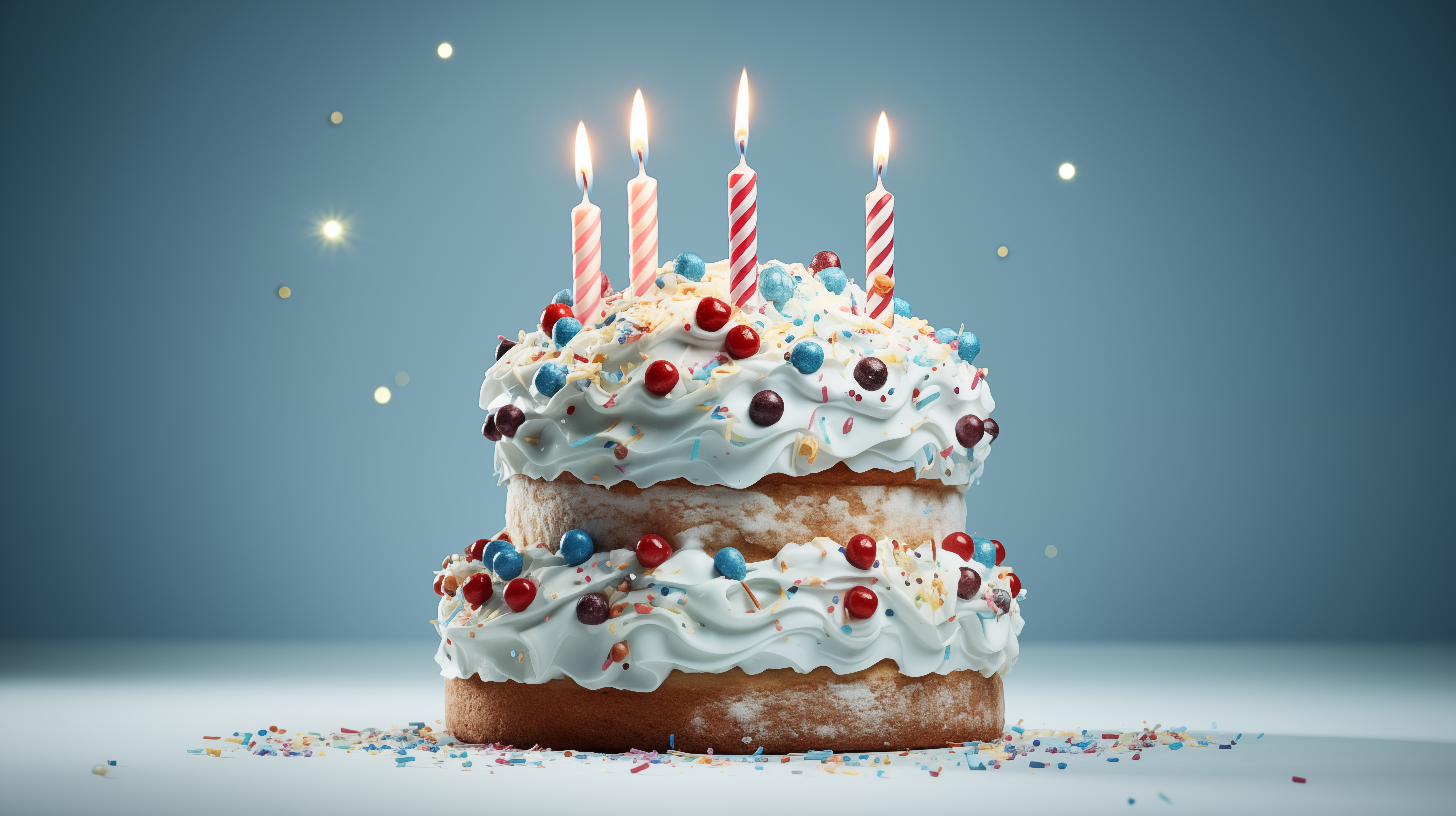 HD desktop wallpaper of a scrumptious birthday cake with lit candles, creamy frosting, and colorful sprinkles, perfect for a celebratory background.