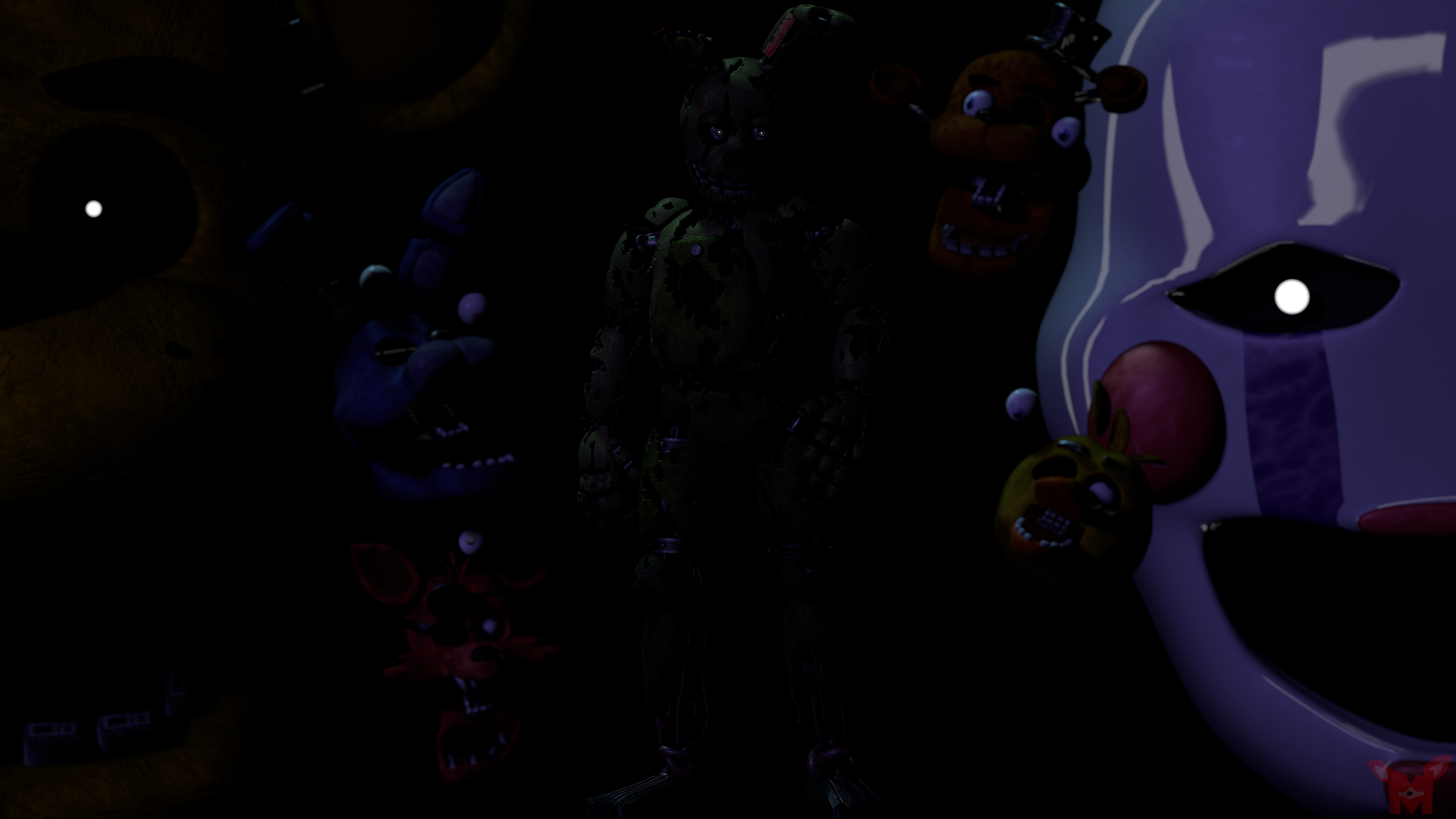 A spooky HD wallpaper featuring the Puppet character from the video game Five Nights at Freddy's 2 at Freddy Fazbear's Pizza.