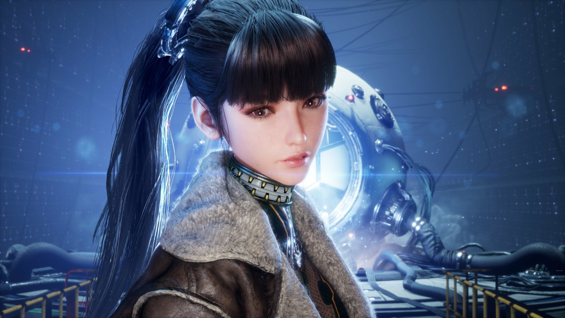 A stunning HD desktop wallpaper showcasing a character from the video game Stellar Blade, featuring a stylish design and a futuristic background with glowing elements.