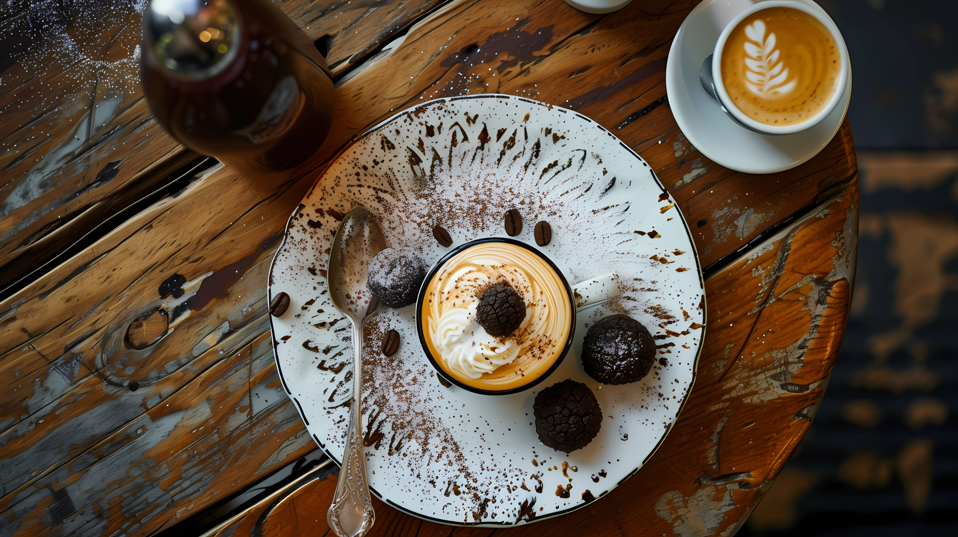 HD wallpaper of a dessert plate with truffles on a decorative table, accompanied by a latte art coffee.