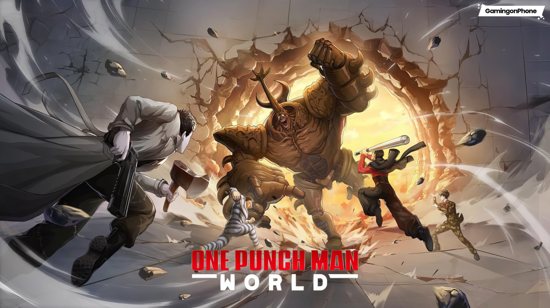 One Punch Man World HD video game wallpaper featuring dynamic battle scene with characters preparing to fight a giant enemy.