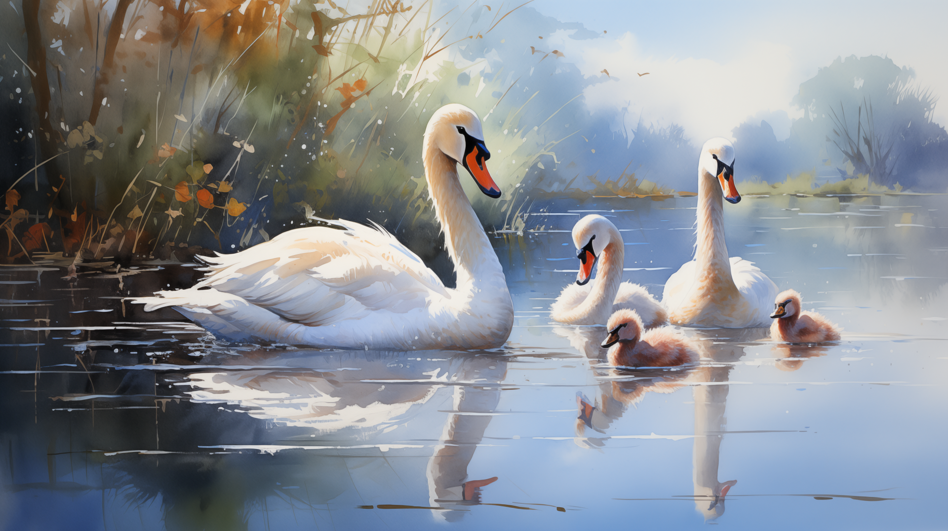 HD wallpaper featuring a serene family of mute swans with elegant white adults gliding on calm water and fluffy cygnets following, set against a soft, painterly backdrop of foliage and light reflections.