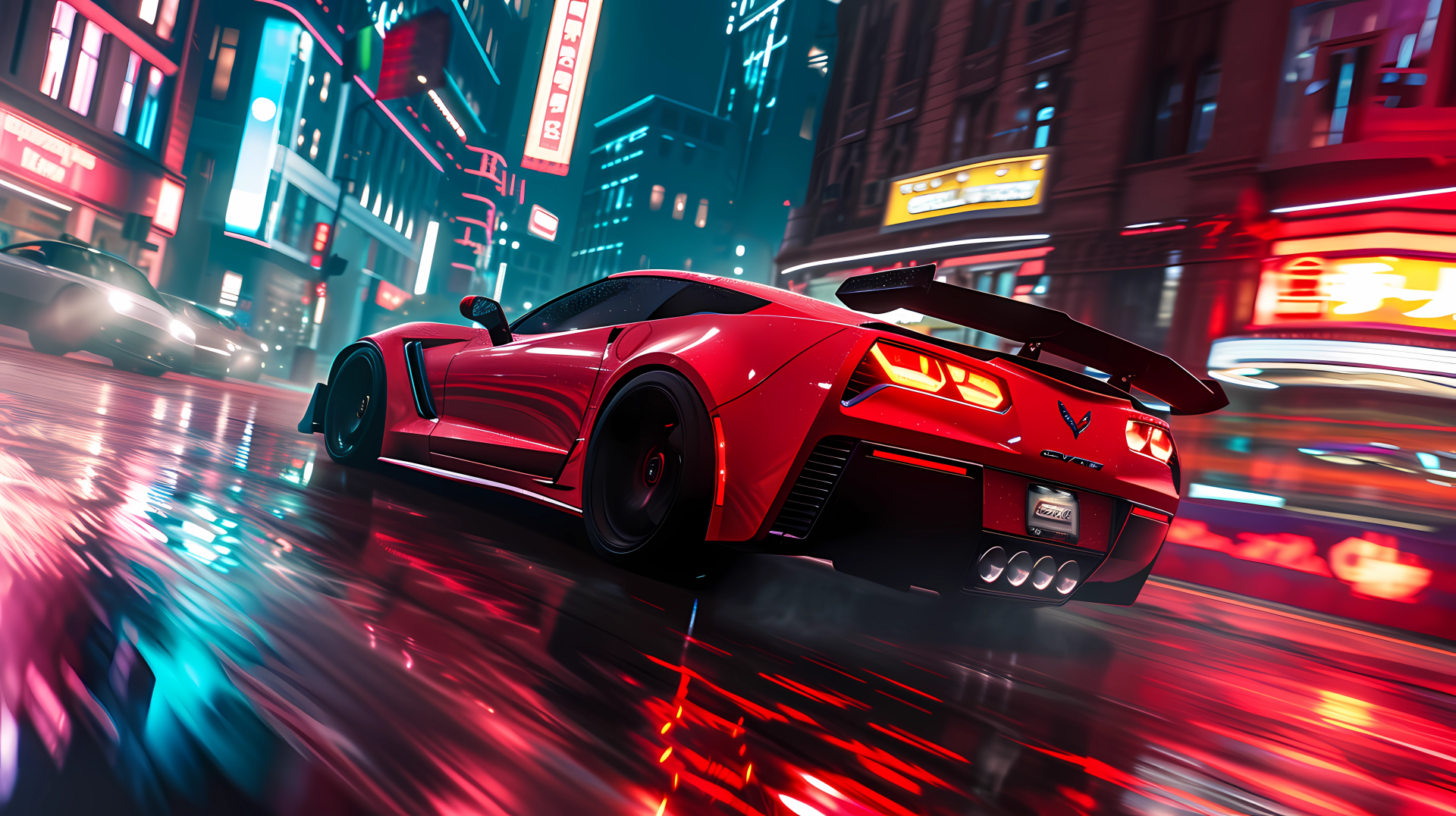 A striking red Chevrolet Corvette C7 speeds through a vibrant city at night, with reflections of neon lights illuminating the wet streets, creating a dynamic and energetic atmosphere.