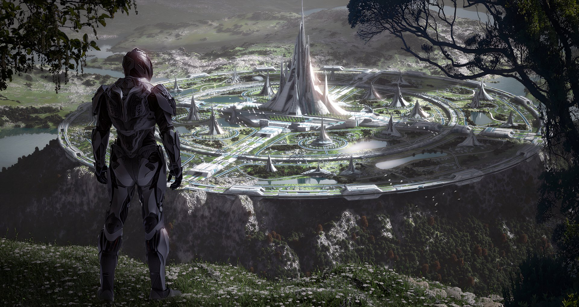 A futuristic figure gazes at a sprawling sci-fi city, featuring sleek architecture and lush greenery, set against a dramatic landscape. An impressive HD desktop wallpaper.