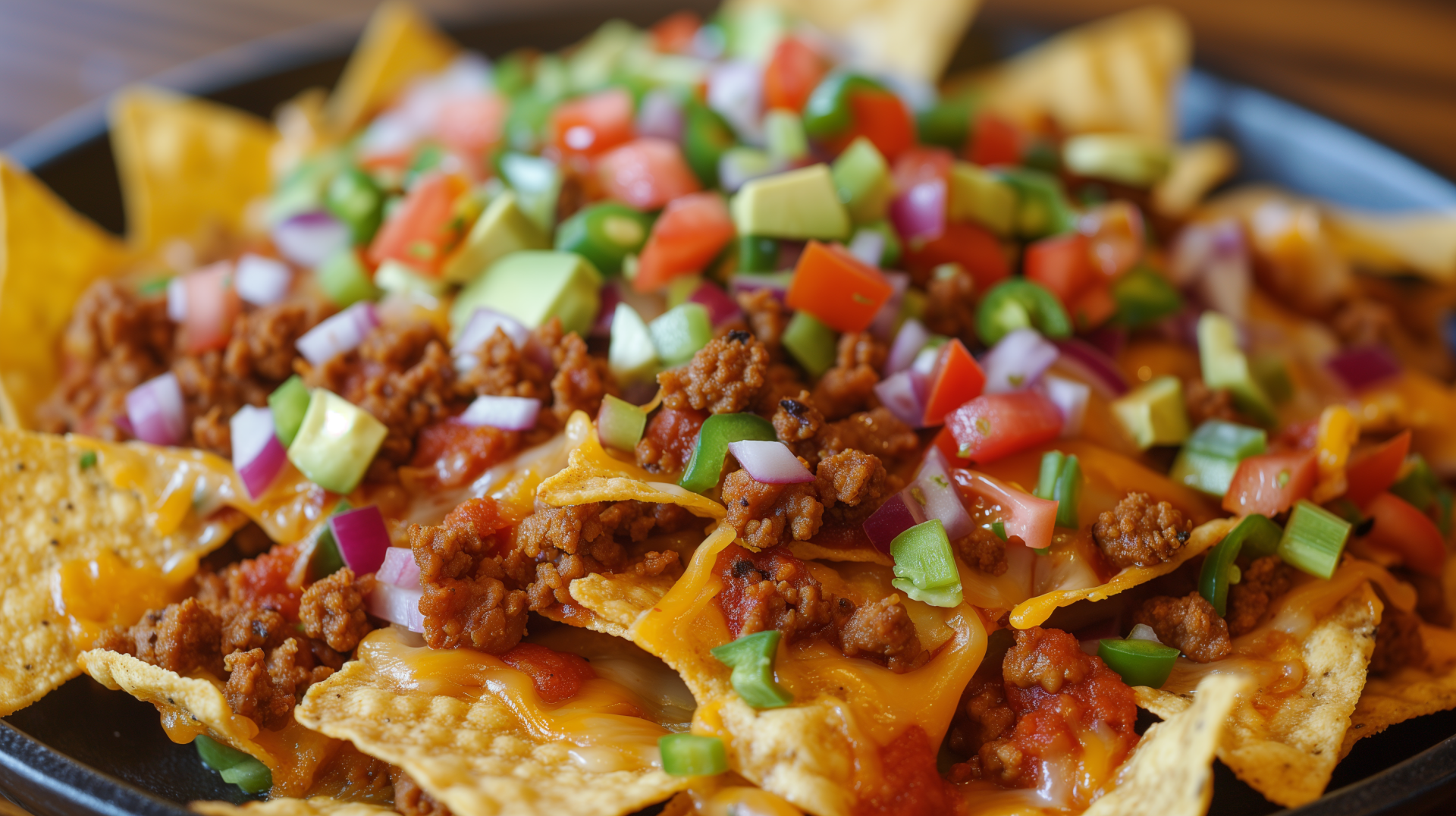 HD desktop wallpaper of delicious nachos topped with cheese, ground meat, and fresh diced vegetables.