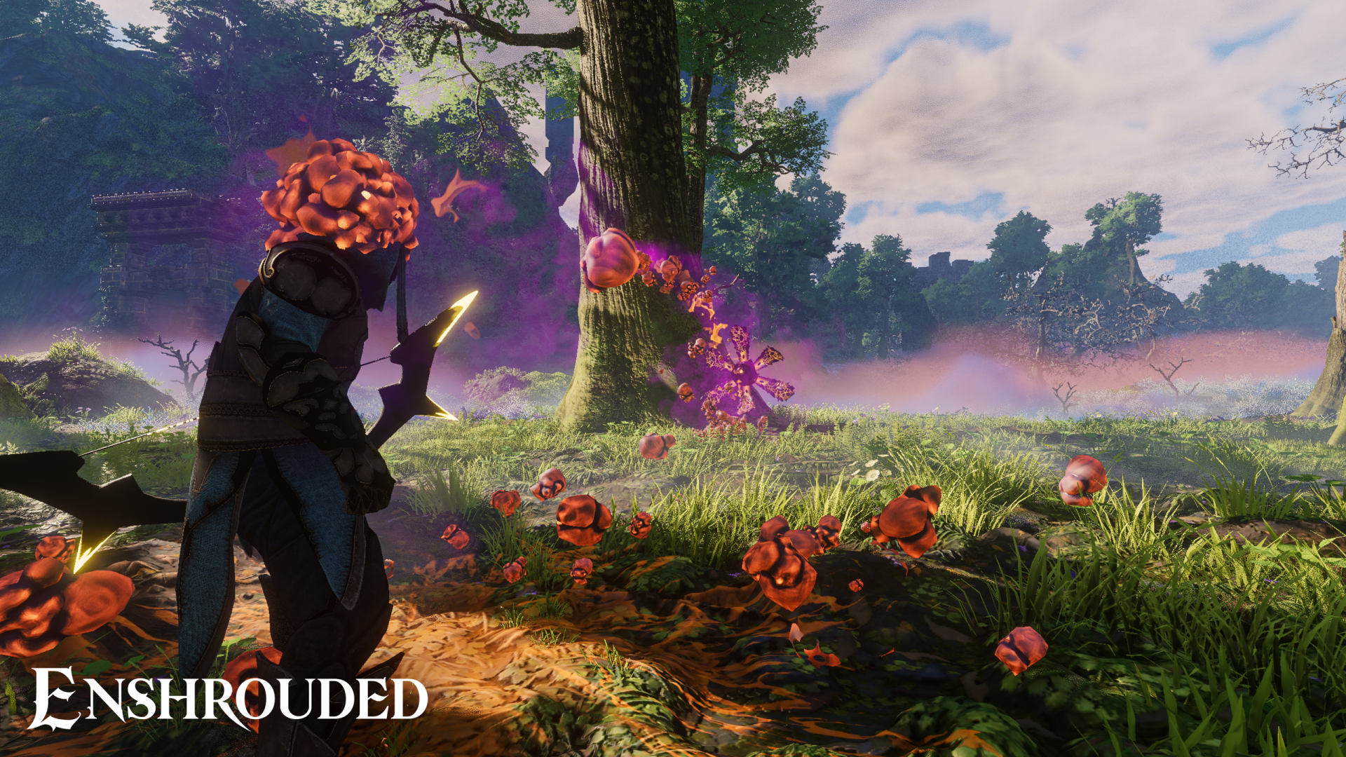 HD desktop wallpaper featuring a scene from the video game Enshrouded with a character in a fantastical forest surrounded by mysterious purple flora.