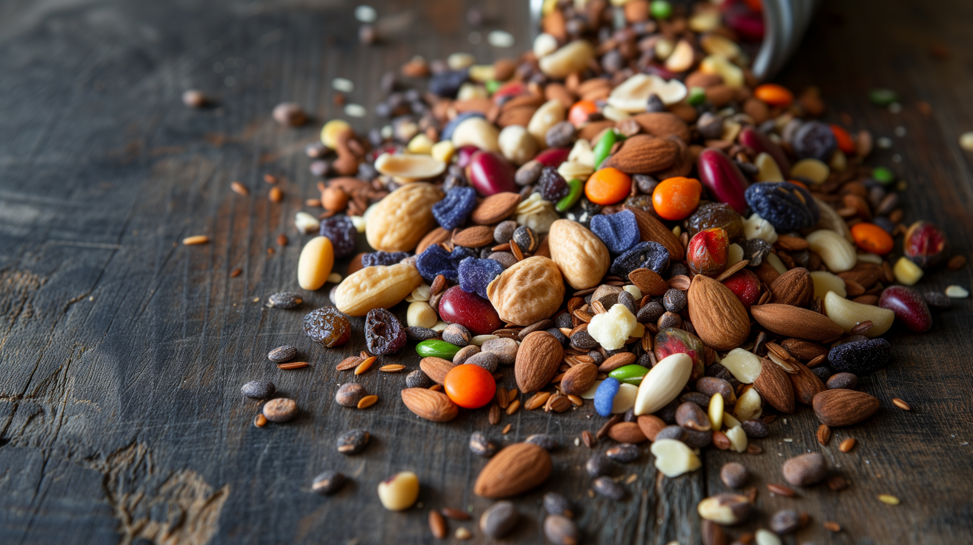HD desktop wallpaper featuring an assortment of trail mix with nuts, seeds, and dried fruits on a wooden surface.
