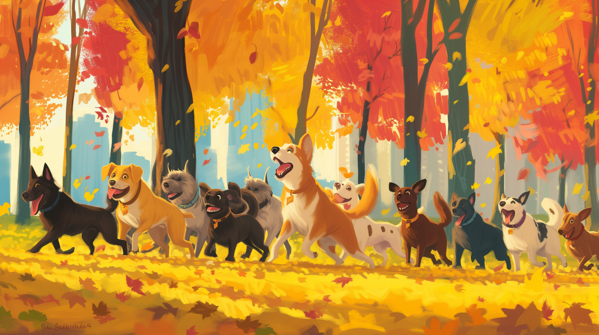 HD desktop wallpaper featuring a joyful group of animated dogs of various breeds enjoying a vibrant autumn forest with golden leaves.