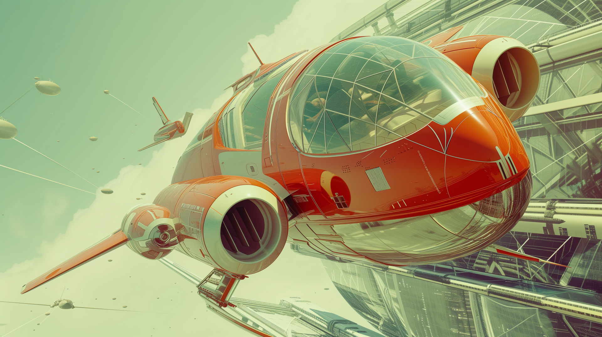 Retro futurism-inspired HD wallpaper featuring a vintage-style spacecraft with a clear bubble cockpit against a sky backdrop.