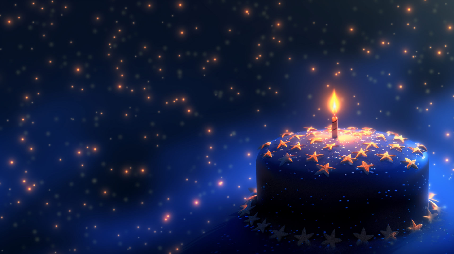 A beautifully decorated birthday cake with a candle sits against a starry blue background, creating a vibrant and festive HD desktop wallpaper.