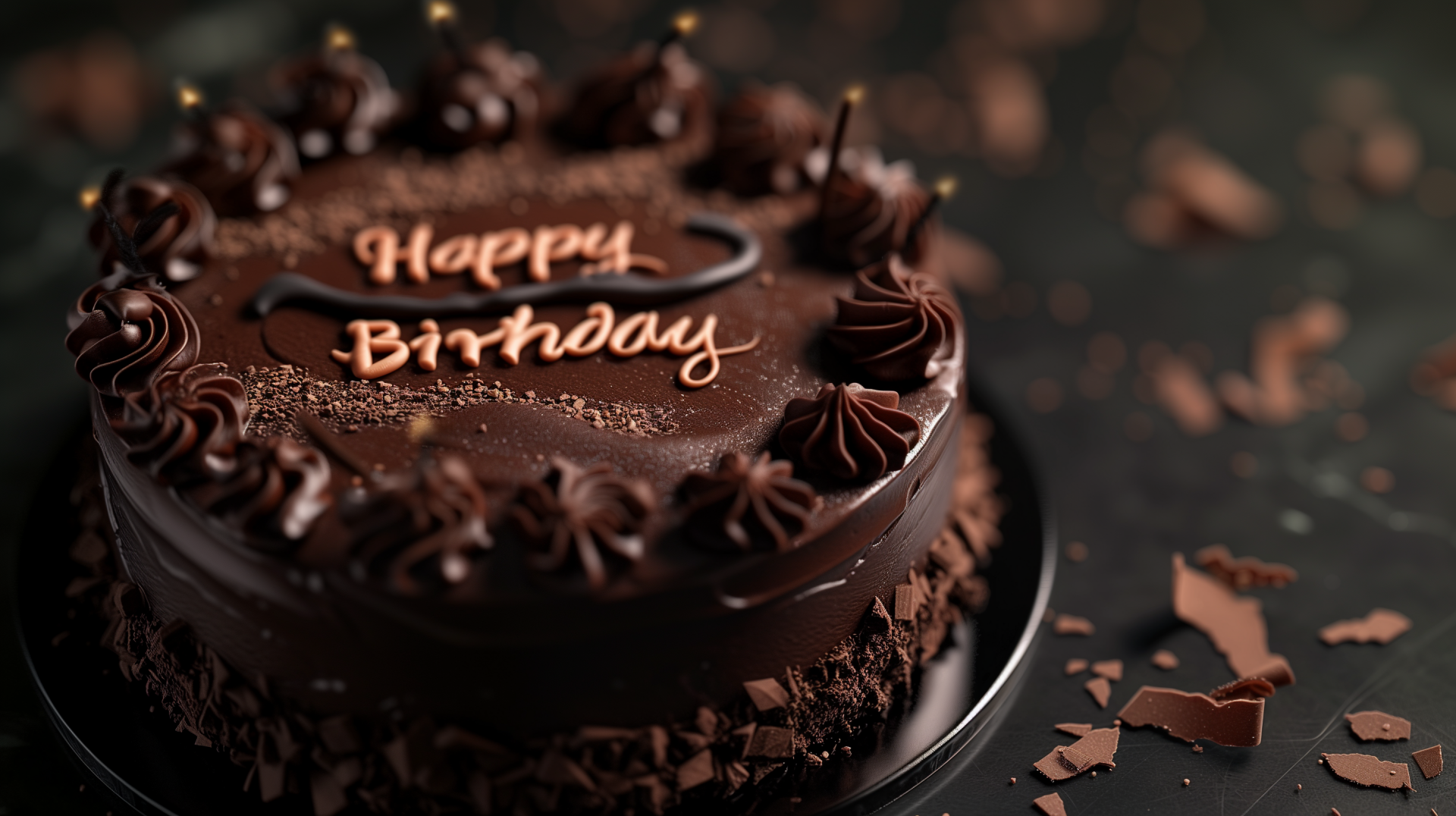 A rich chocolate birthday cake adorned with Happy Birthday written in elegant script, set against a dark background, serves as a stunning HD desktop wallpaper.