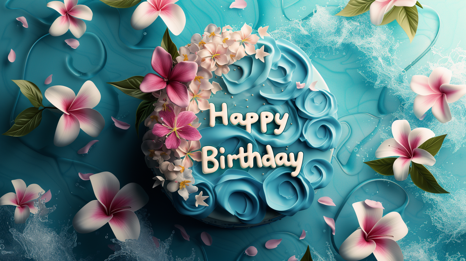 A beautifully decorated birthday cake with blue frosting and pink flowers, featuring Happy Birthday elegantly written on it, set against a vibrant turquoise background.