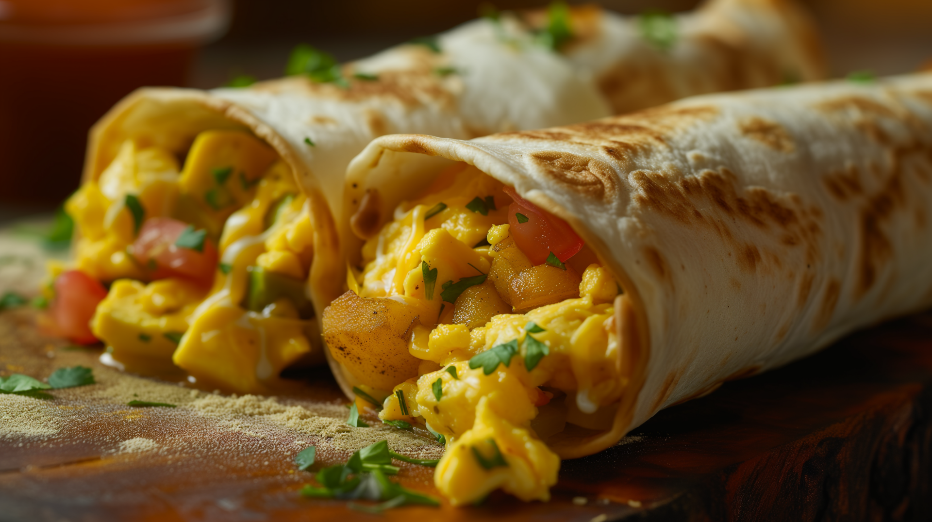 HD desktop wallpaper of a delicious breakfast burrito filled with scrambled eggs, herbs, and vegetables.