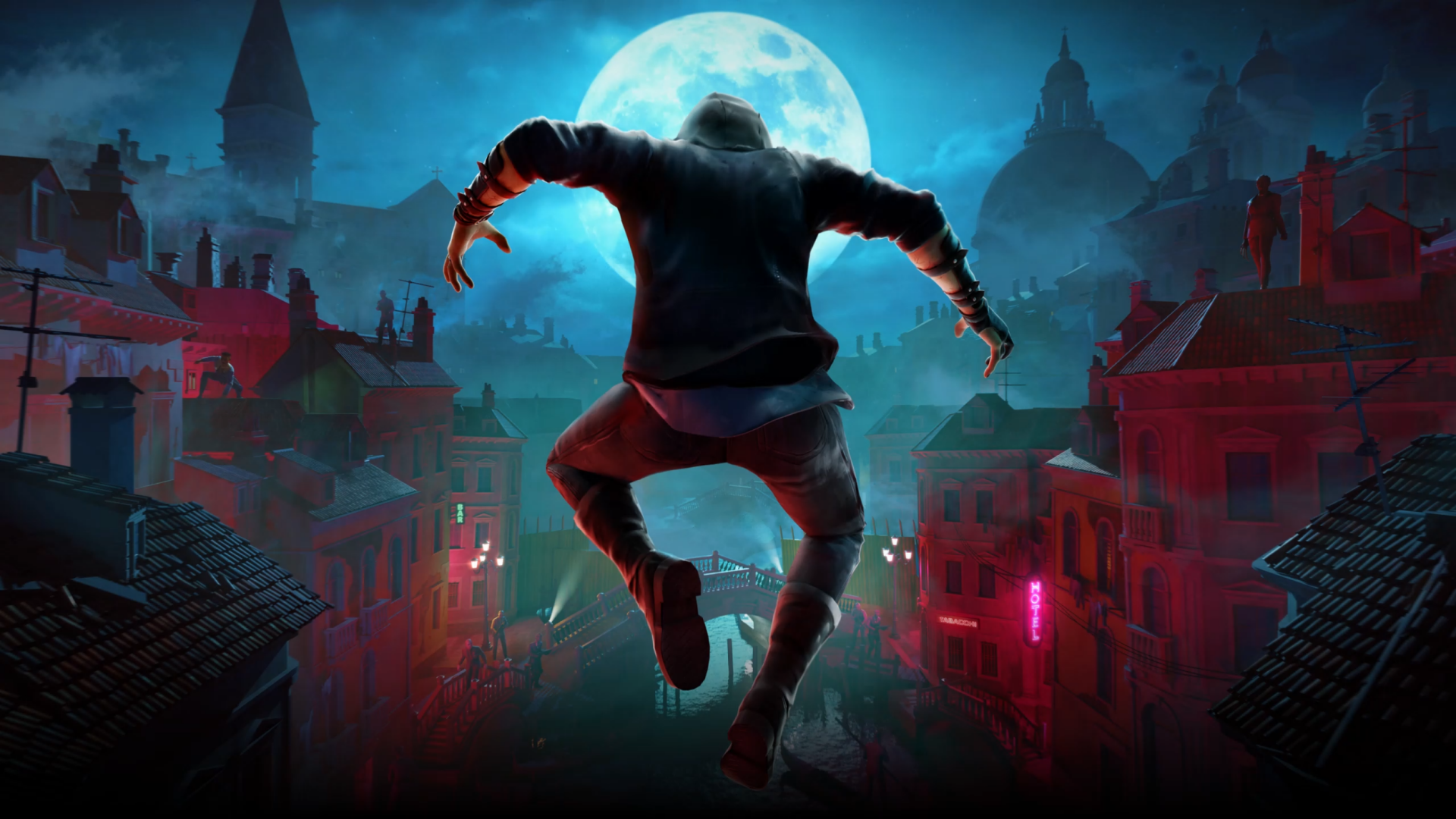 Vampire: The Masquerade - Justice themed HD desktop wallpaper featuring a mysterious figure leaping across a moonlit gothic cityscape background.