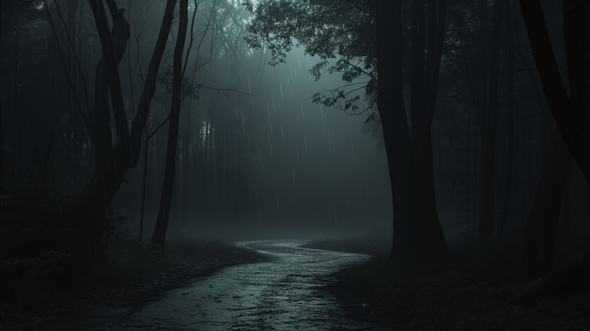 HD dark and moody forest with rain desktop wallpaper, highlighting a black aesthetic pathway under a mystic, rainy ambiance.