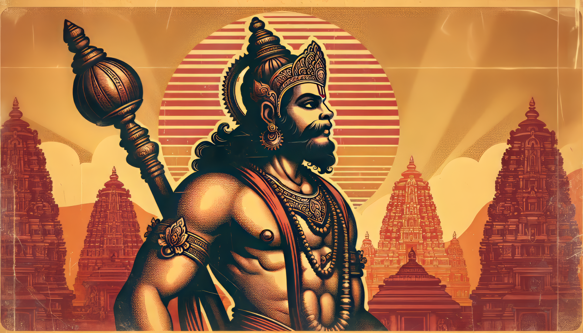 HD desktop wallpaper of Lord Hanuman with a mace, set against a backdrop of sun rays and traditional Indian temples.