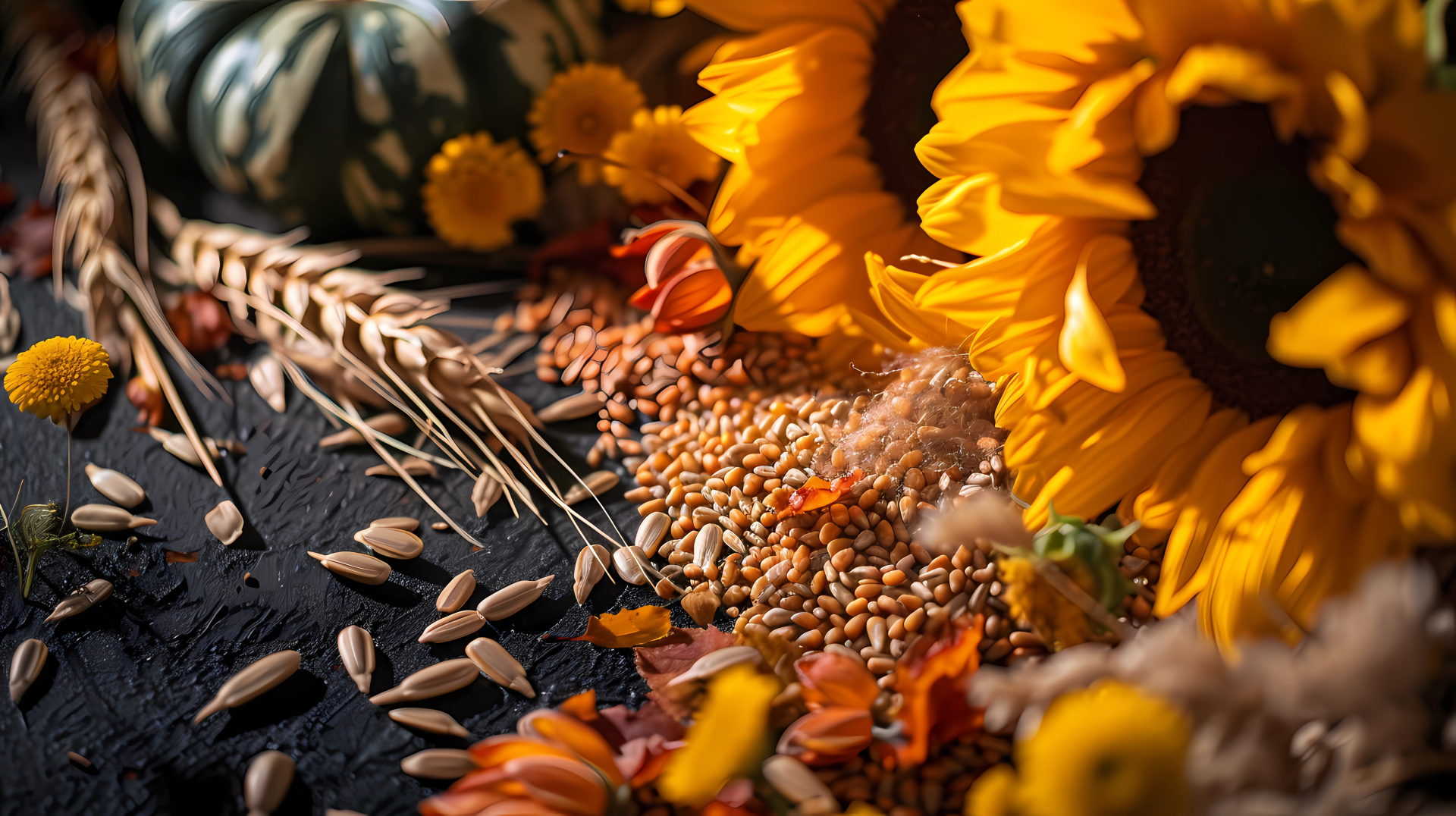 A vibrant still life featuring seeds, wheat, and sunflowers. This macro image highlights nature's beauty, making it an attractive HD desktop wallpaper or background.