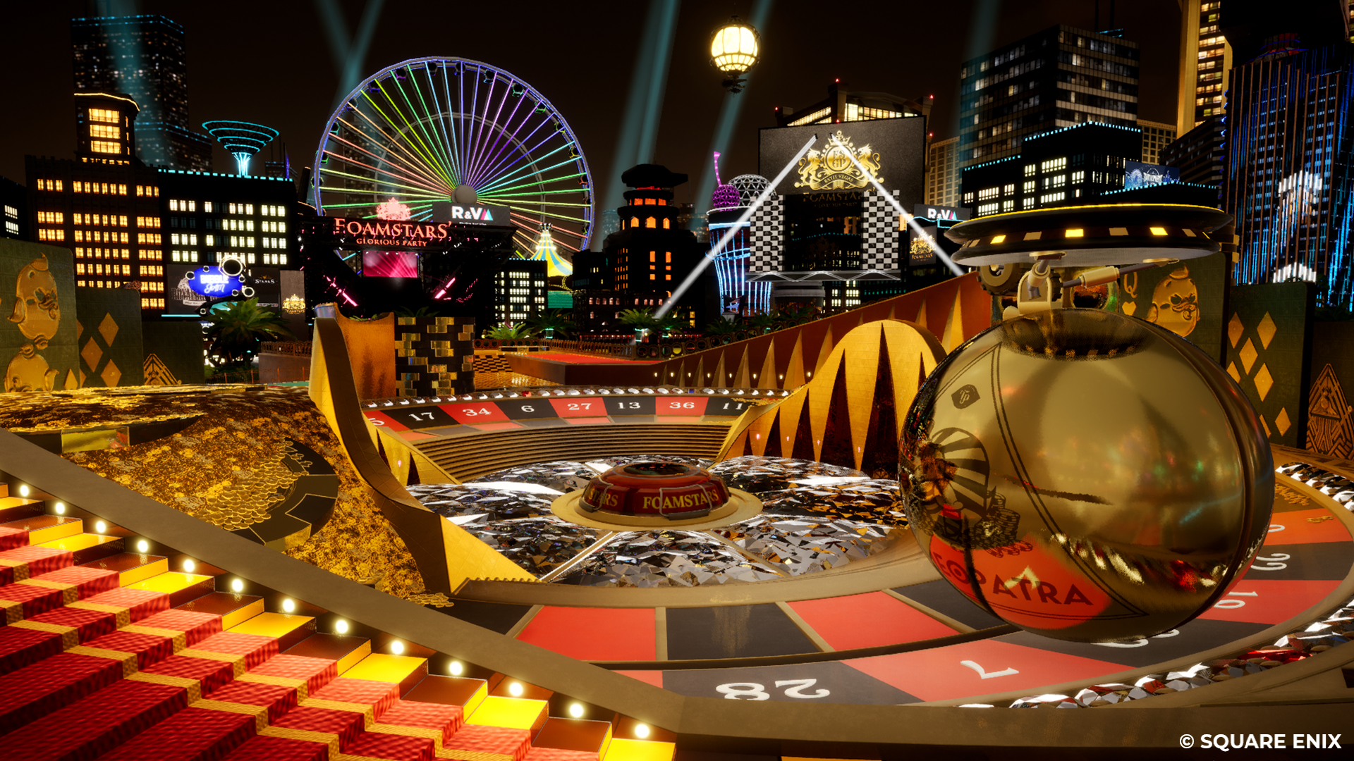 HD desktop wallpaper of Foamstars video game featuring vibrant night cityscape with colorful race track and shiny golden vehicles.