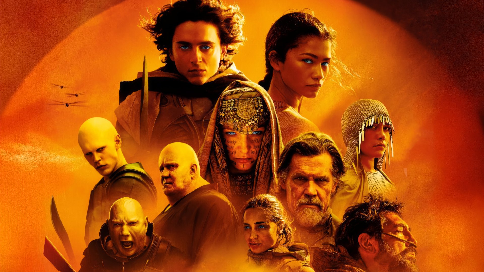 HD desktop wallpaper for Dune: Part Two featuring a montage of the main characters against a fiery backdrop.