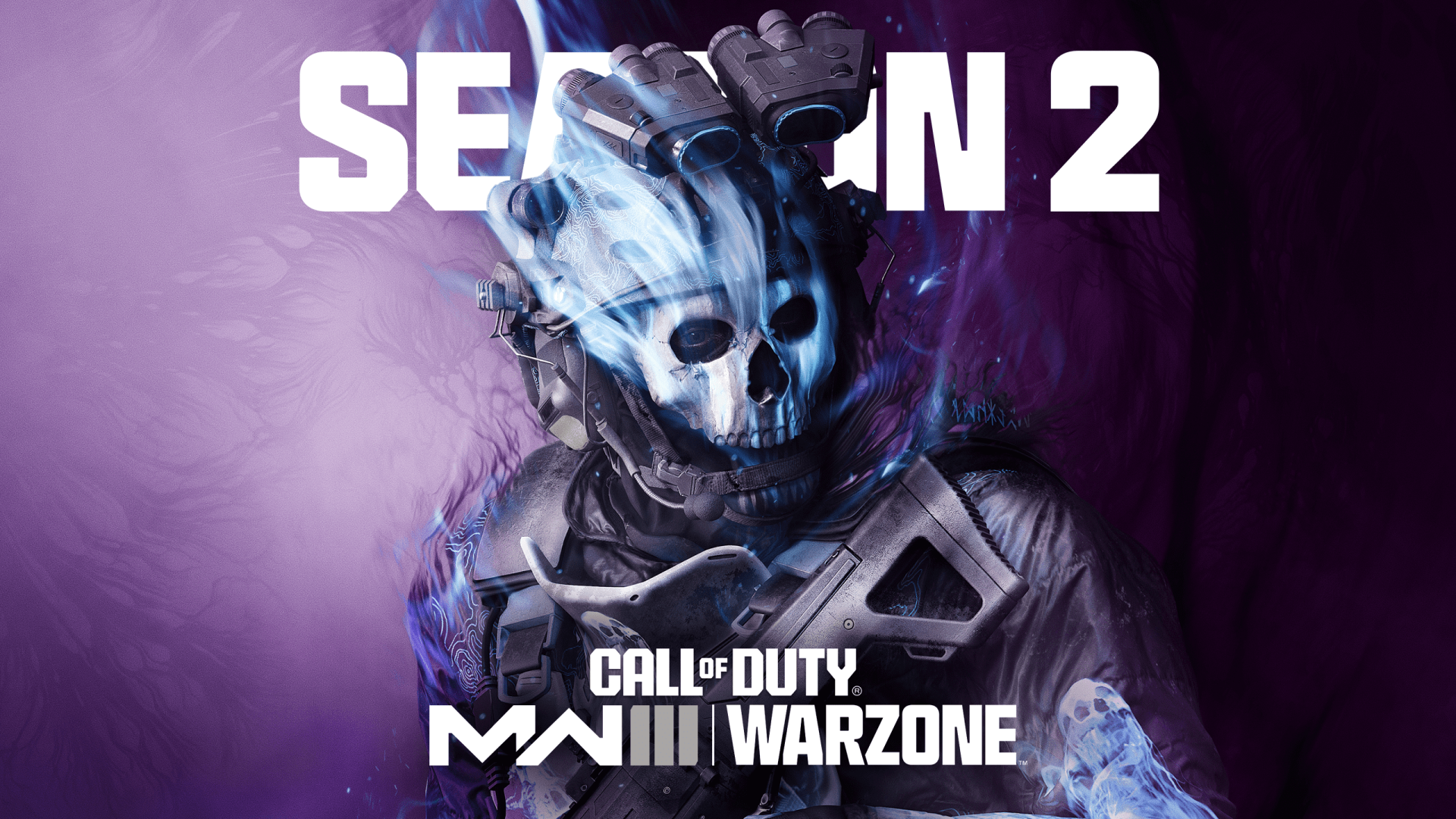 HD desktop wallpaper featuring promotional art for Season 2 of Call of Duty: Modern Warfare III (2023), which showcases a stylized soldier in a skull mask with purple accents.