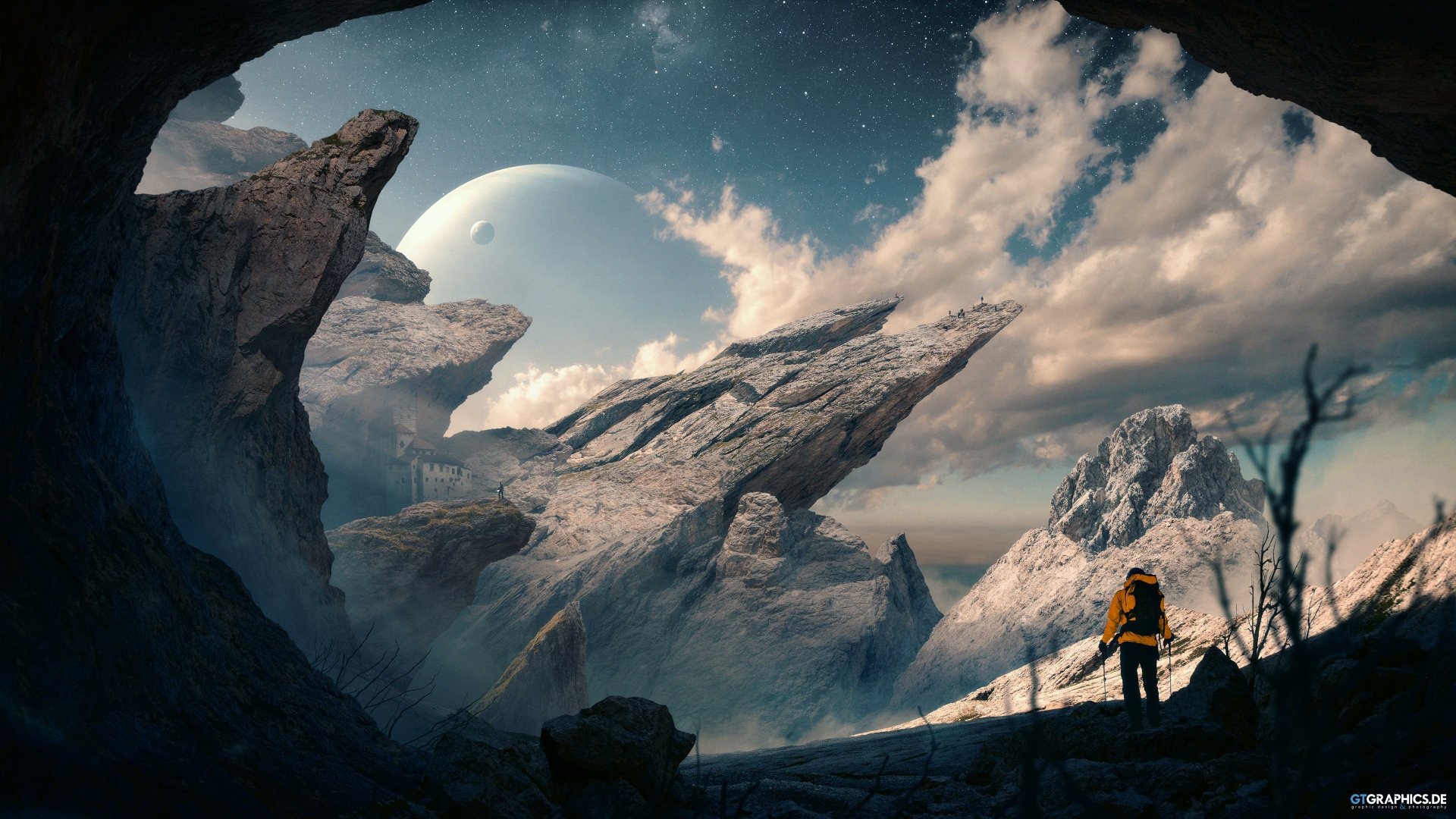 Digital art landscape of a rocky terrain with a distant planet and a lone figure in an orange jacket standing under a cloudy sky, rendered in 4K Ultra HD for PC desktop.