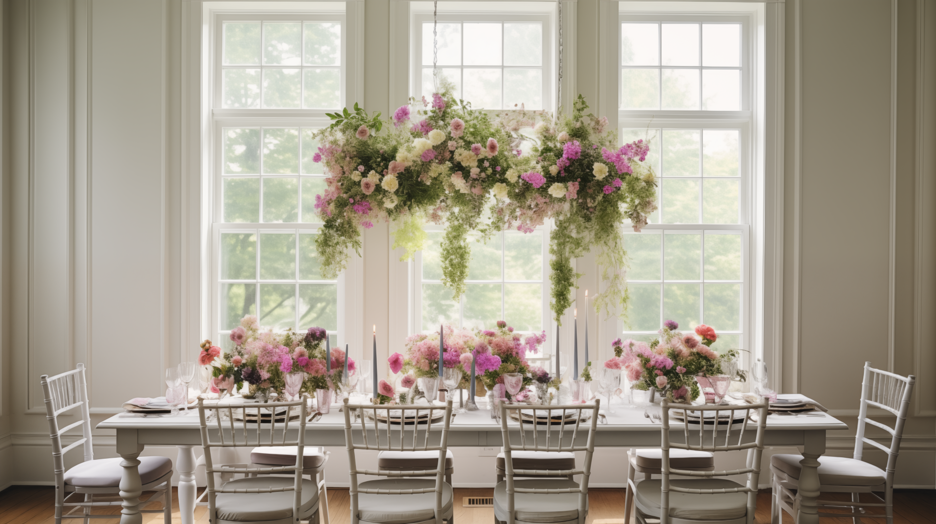Elegant bridal shower setup with floral decorations in a bright room for HD desktop wallpaper and background.