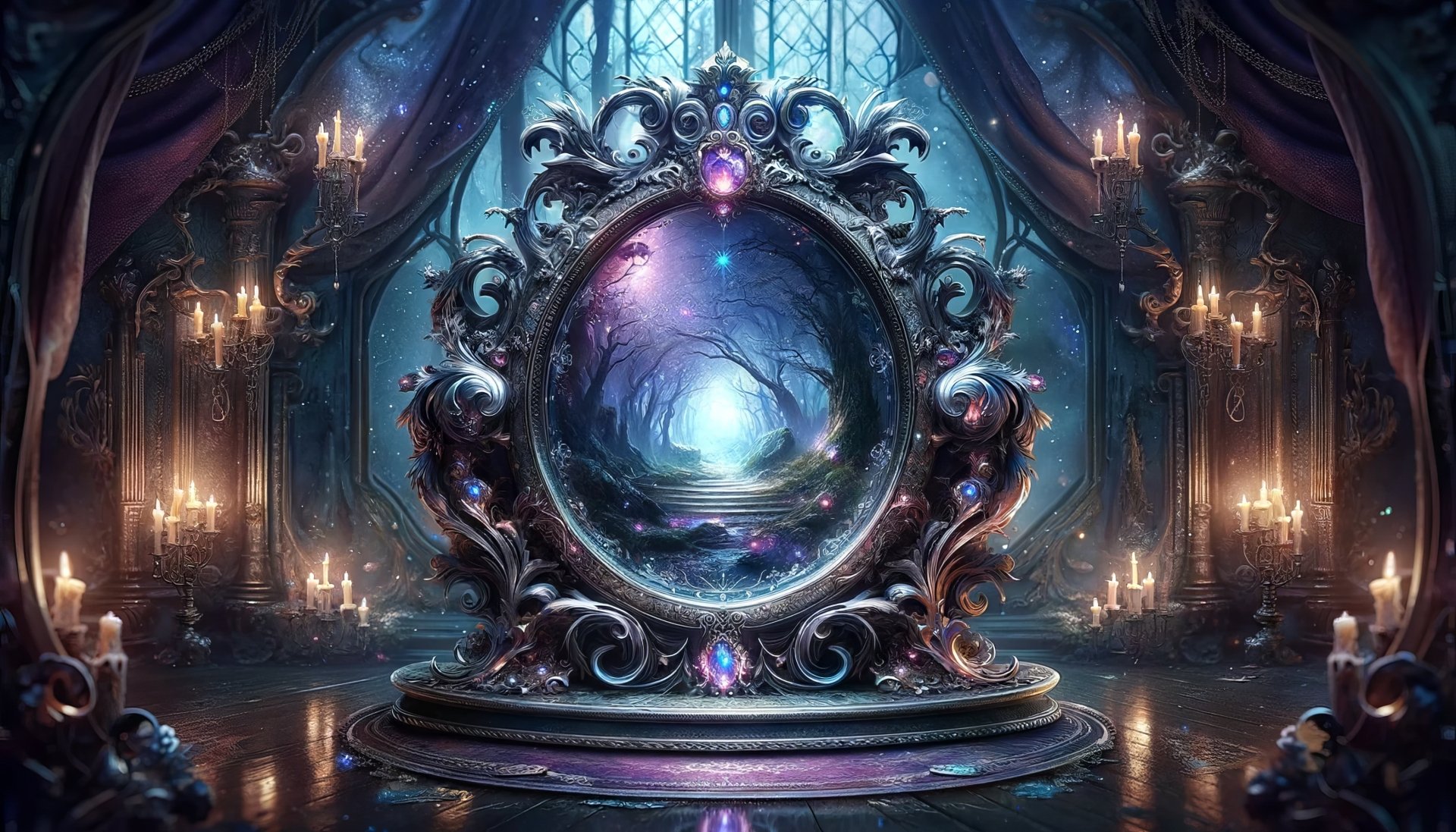 Ornate fantasy mirror with mystical glow in an enchanted candlelit room, HD wallpaper.