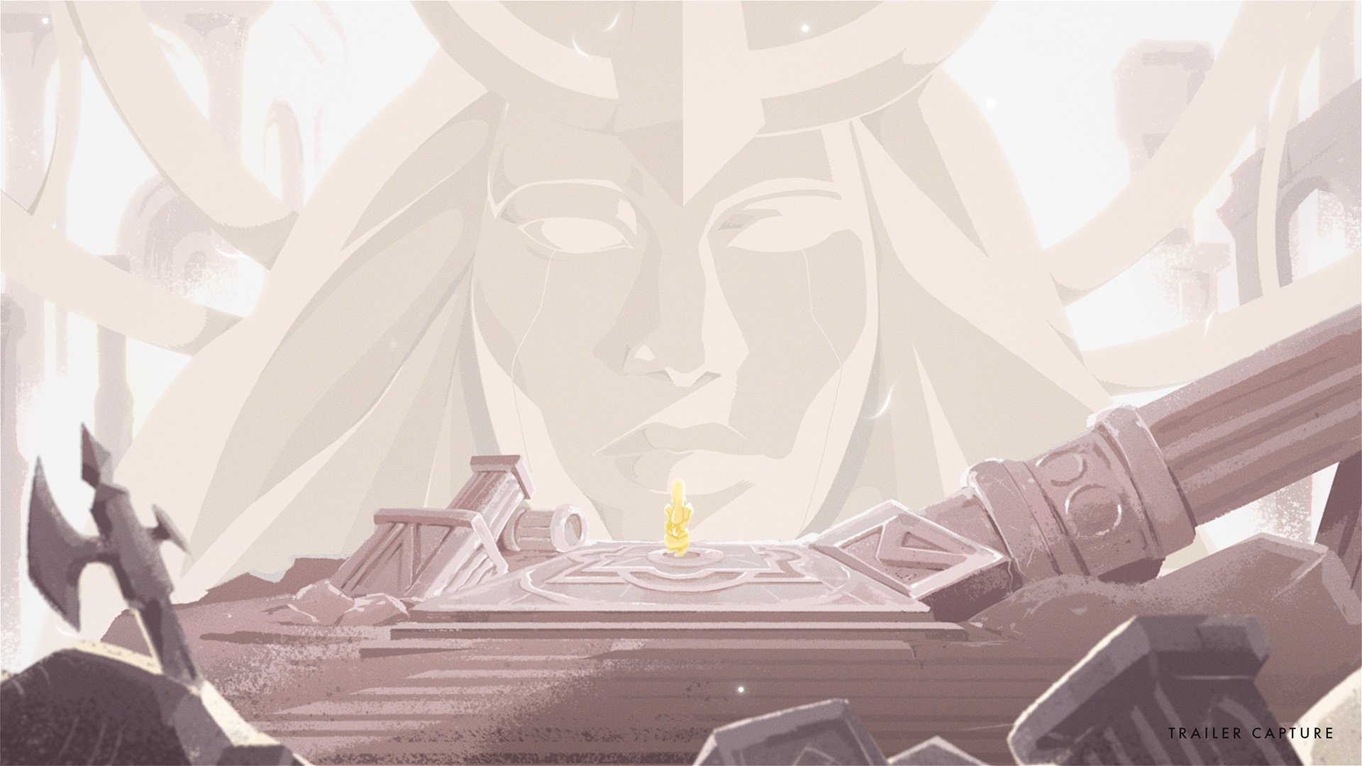 HD desktop wallpaper featuring an artwork from the video game Lysfanga: The Time Shift Warrior with a stylized warrior character standing in front of a monumental stone figure.