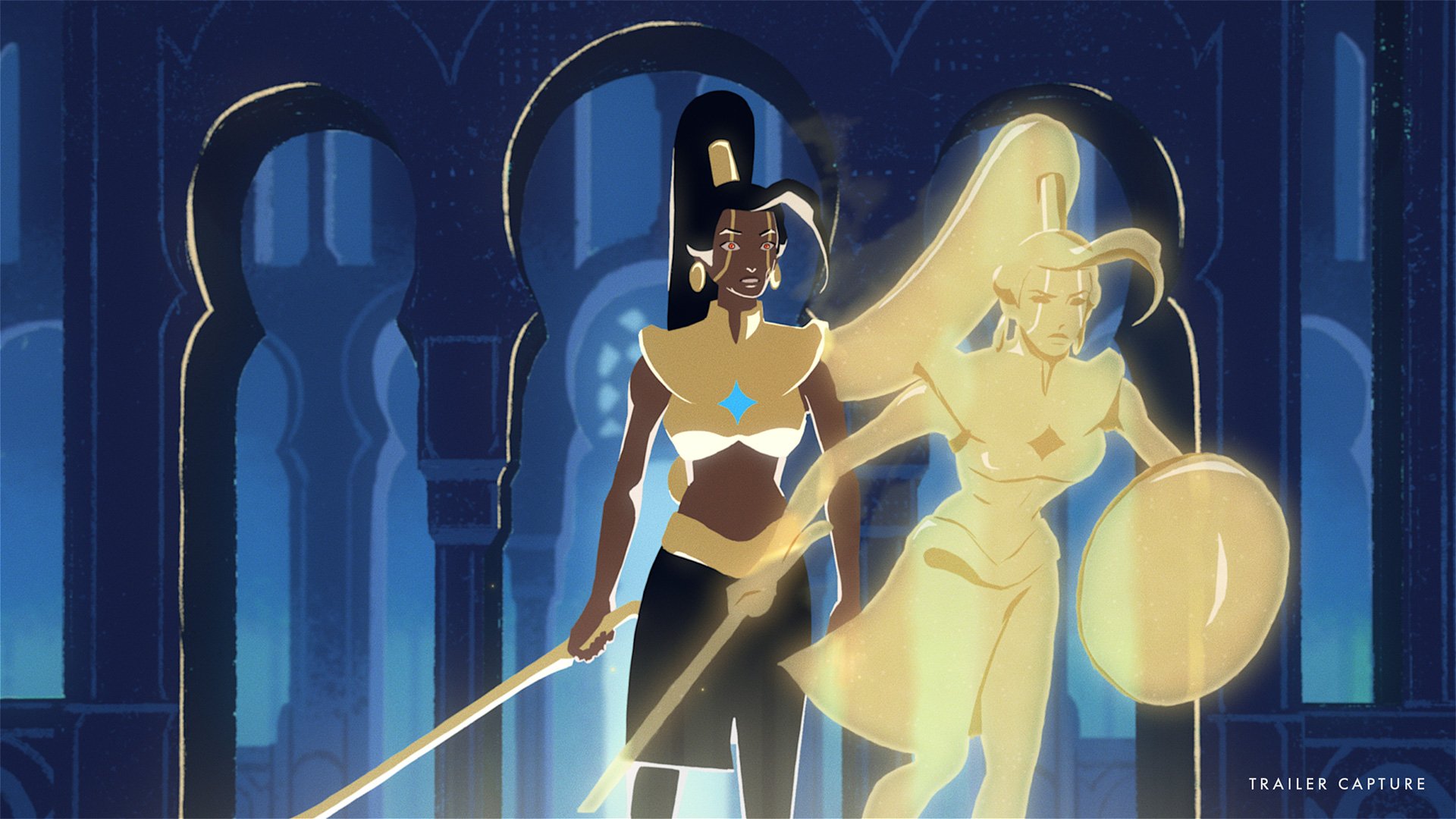 HD desktop wallpaper featuring characters from the video game Lysfanga: The Time Shift Warrior, with the warrior holding a glowing weapon in a stylized fantasy setting.