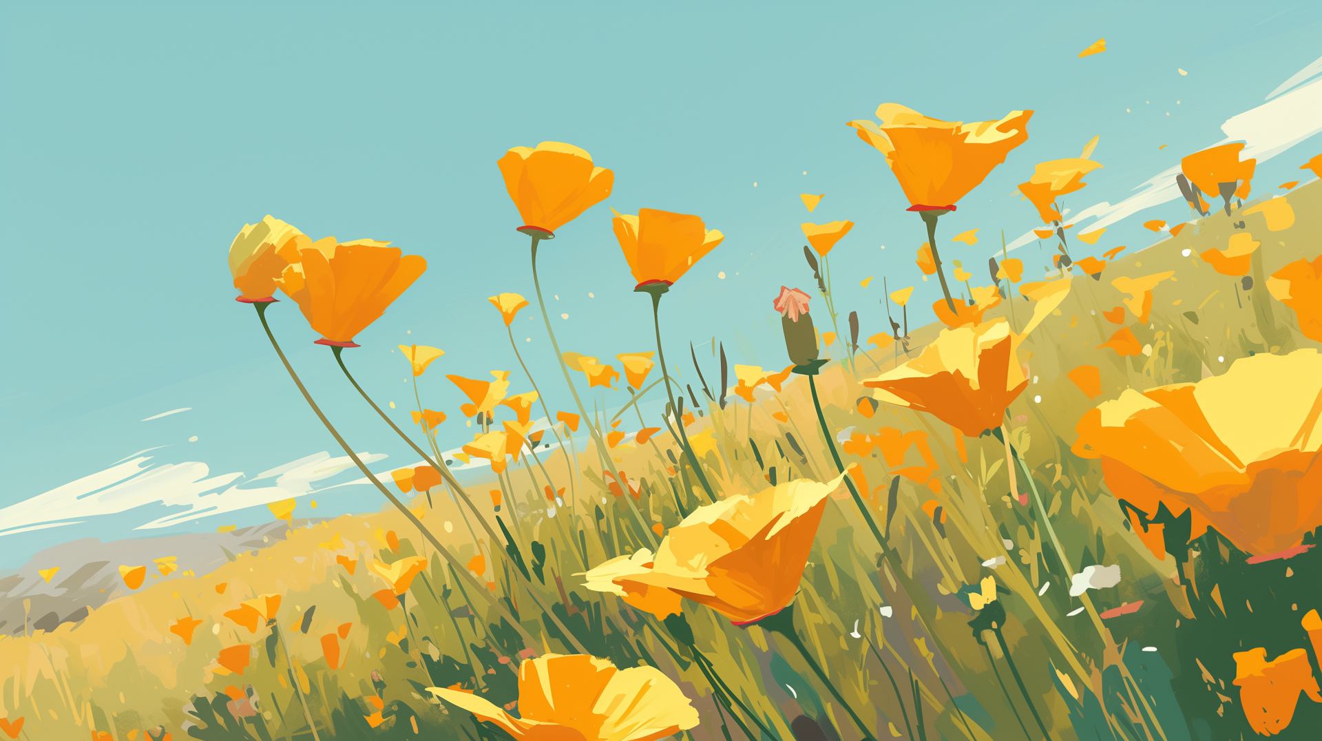 A vibrant field of California poppies in full bloom, with bright orange flowers swaying against a clear blue sky, making a stunning HD desktop wallpaper and background.