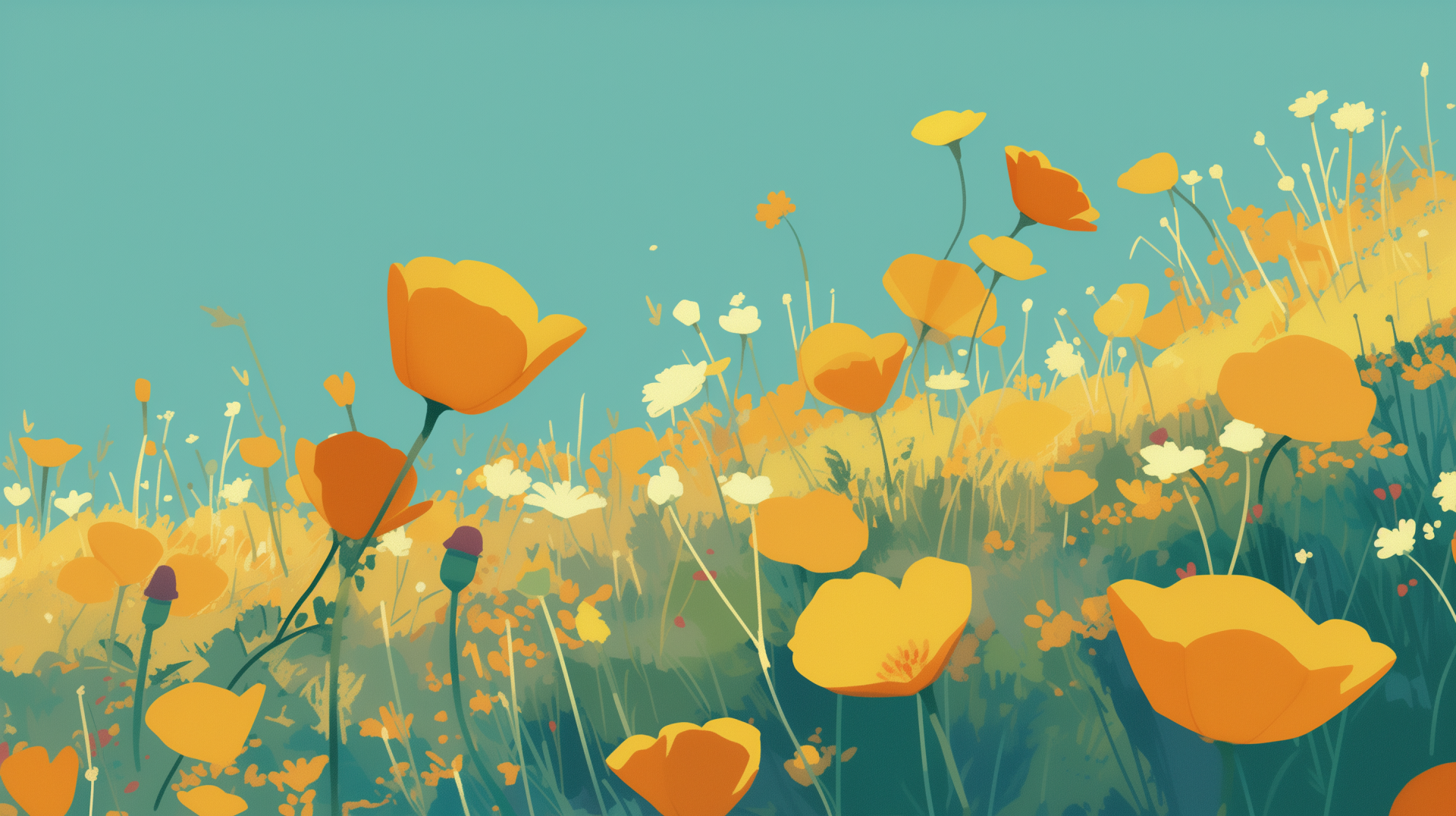 HD desktop wallpaper featuring a vibrant field of California poppies against a blue sky.