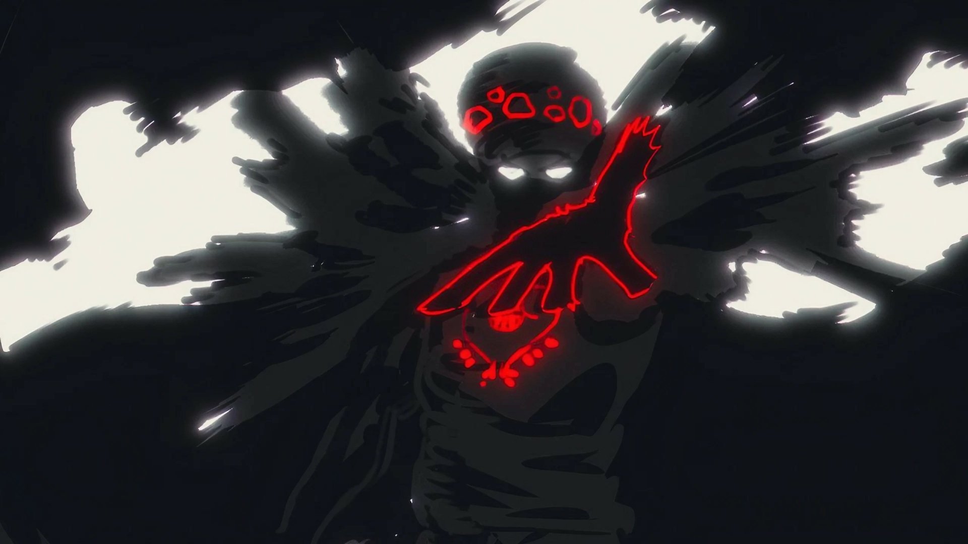 Anime One Piece image of Trafalgar Law in shadow with glowing white eyes and red, rune-like hand markings amid a dark energy aura — HD PC desktop wallpaper and background.