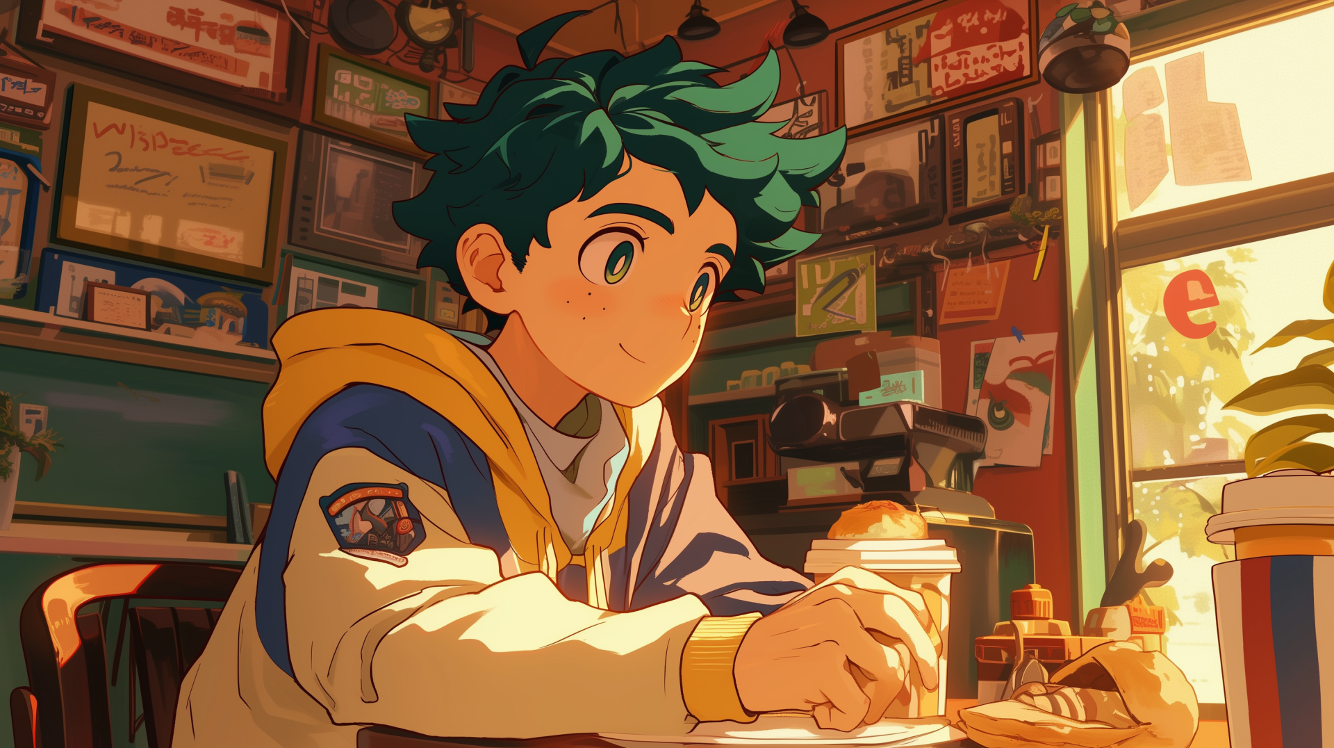 HD wallpaper of anime boy Izuku Midoriya from My Hero Academia, sitting in a cozy cafe setting for desktop backgrounds.