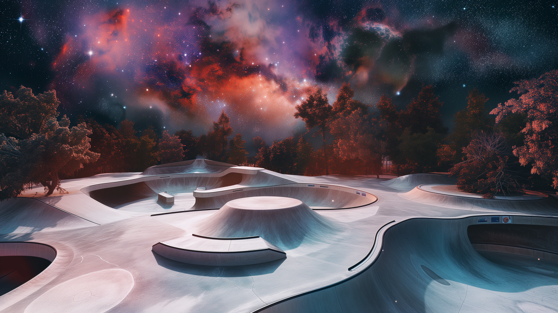 HD wallpaper of a cosmic-themed skate park with nebula-filled sky as a desktop background.