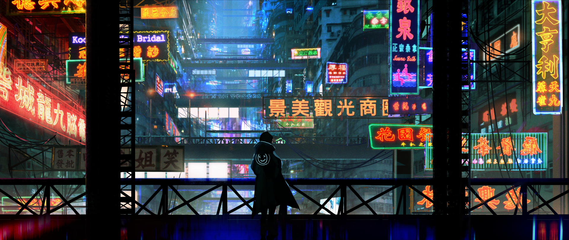 HD PC desktop wallpaper and background: lone figure on a balcony overlooks neon-lit futuristic city facades; distant people and glowing signs form a beautiful, lonely urban night.