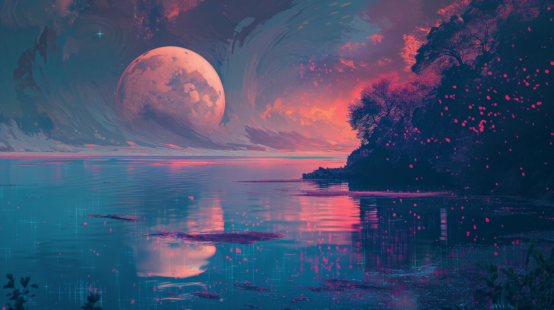 Artistic HD desktop wallpaper featuring a vibrant landscape with a giant moon over a serene lake and ethereal trees in shades of pink and blue.
