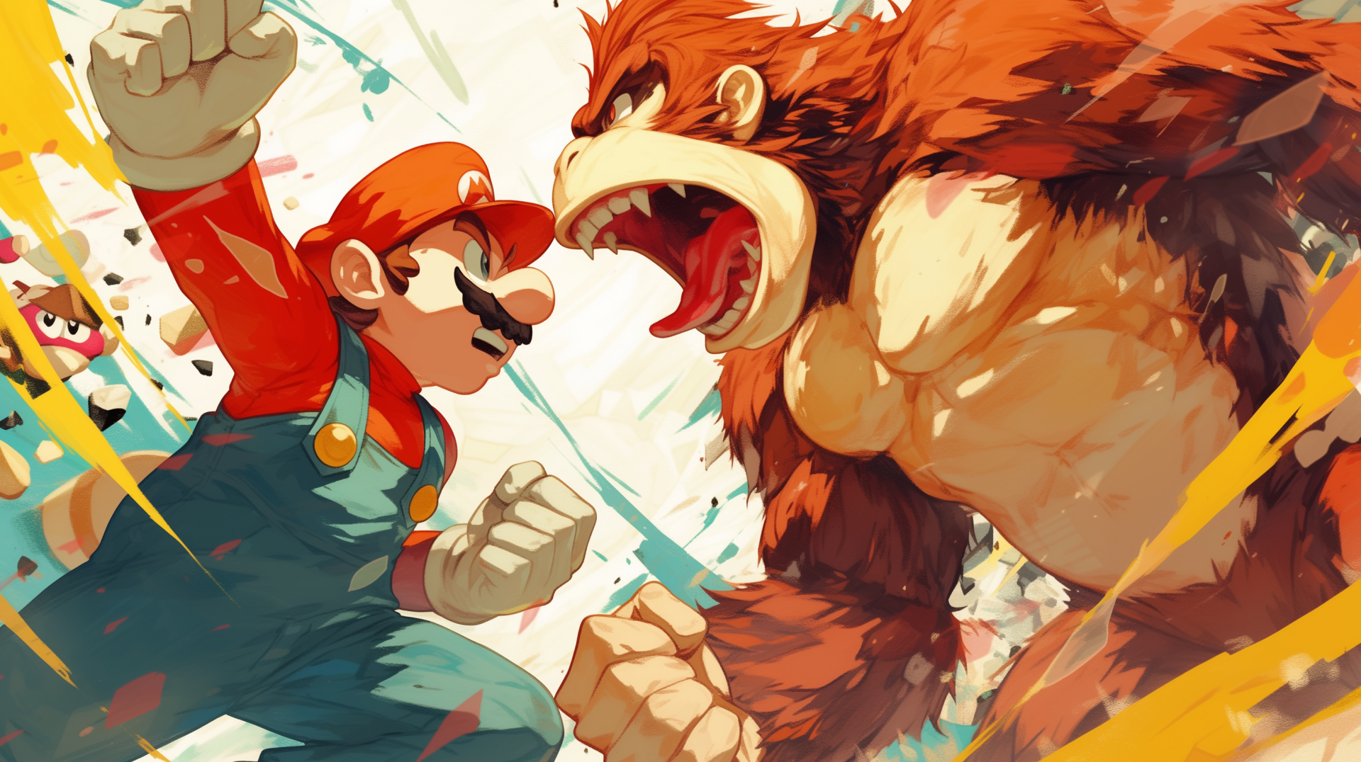 A vibrant HD wallpaper featuring Mario confronting Donkey Kong, showcasing an intense moment from Super Smash Bros., with dynamic colors and action elements.