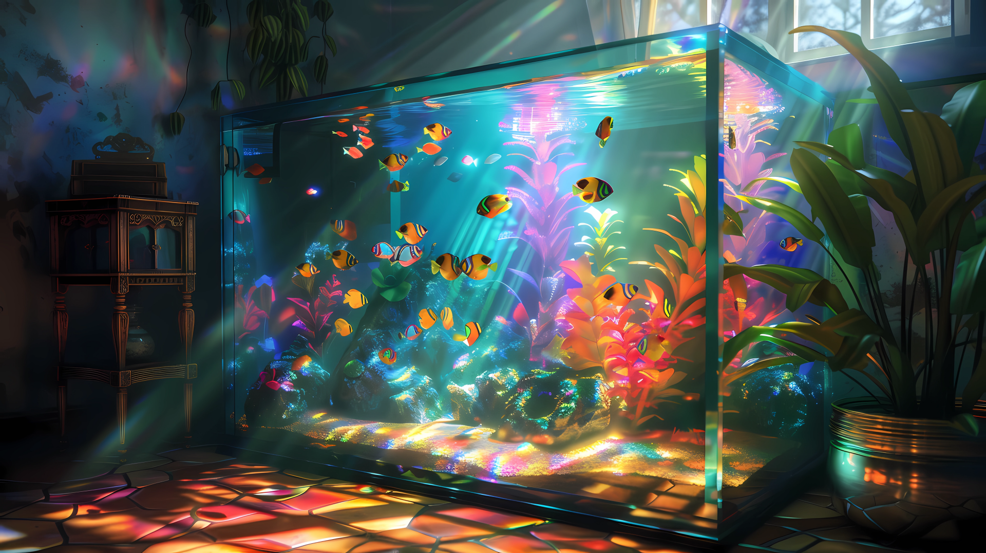 Colorful aquarium with tropical fish as HD desktop wallpaper and background in a sunlit room.