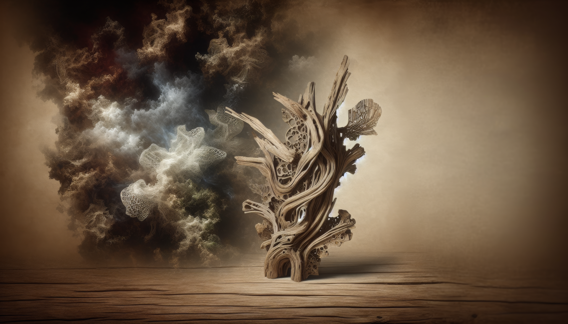 Intricate driftwood sculpture on a wooden surface with a dynamic cloud of smoke in the background, suitable as a high-definition desktop wallpaper.