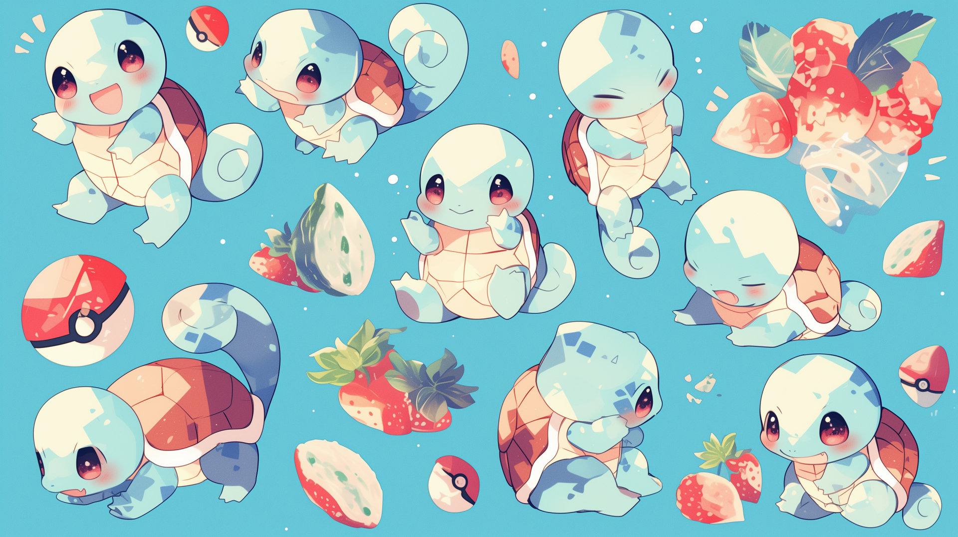 HD desktop wallpaper featuring multiple cute Squirtle Pokémon with Pokéballs and strawberries on a pastel blue background.