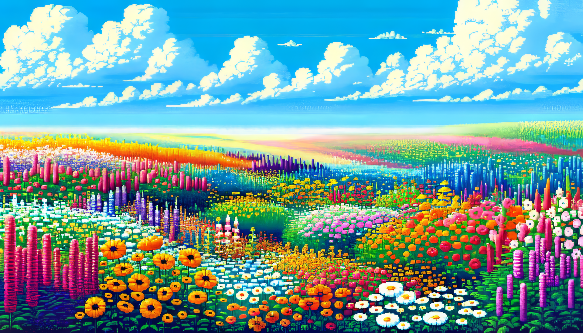 A vibrant field of flowers blooms under a bright blue sky adorned with fluffy clouds, creating a stunning HD desktop wallpaper that brings nature's beauty to your screen.