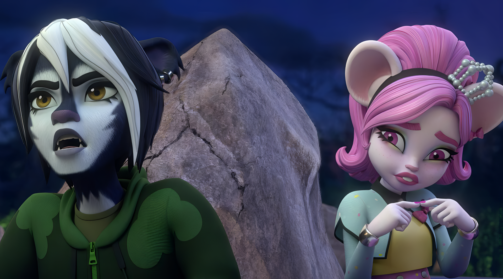 HD wallpaper featuring characters from the TV Show Monster High, showcasing an animated scene with two stylish monster characters in a nighttime setting for desktop backgrounds.