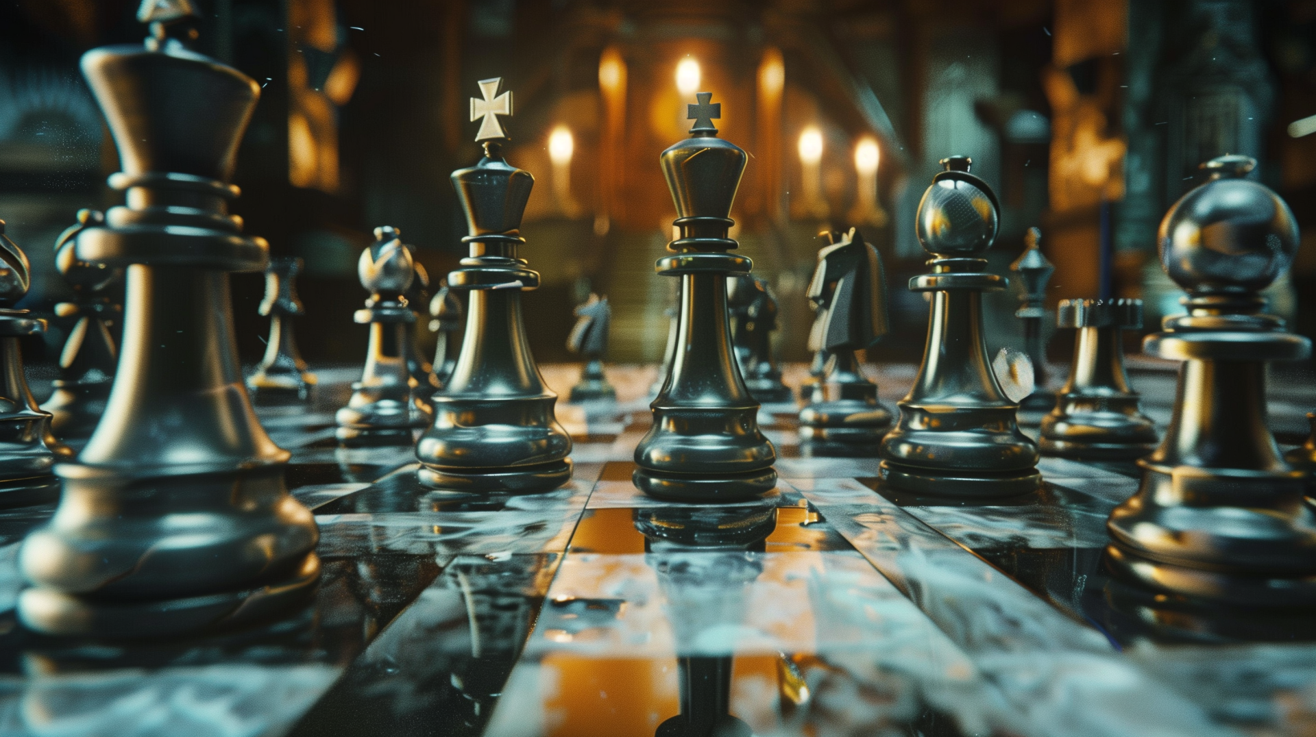 HD Wallpaper of a Chessboard Mid-Game with Focus on King and Queen Pieces in a Grand Hall Setting.
