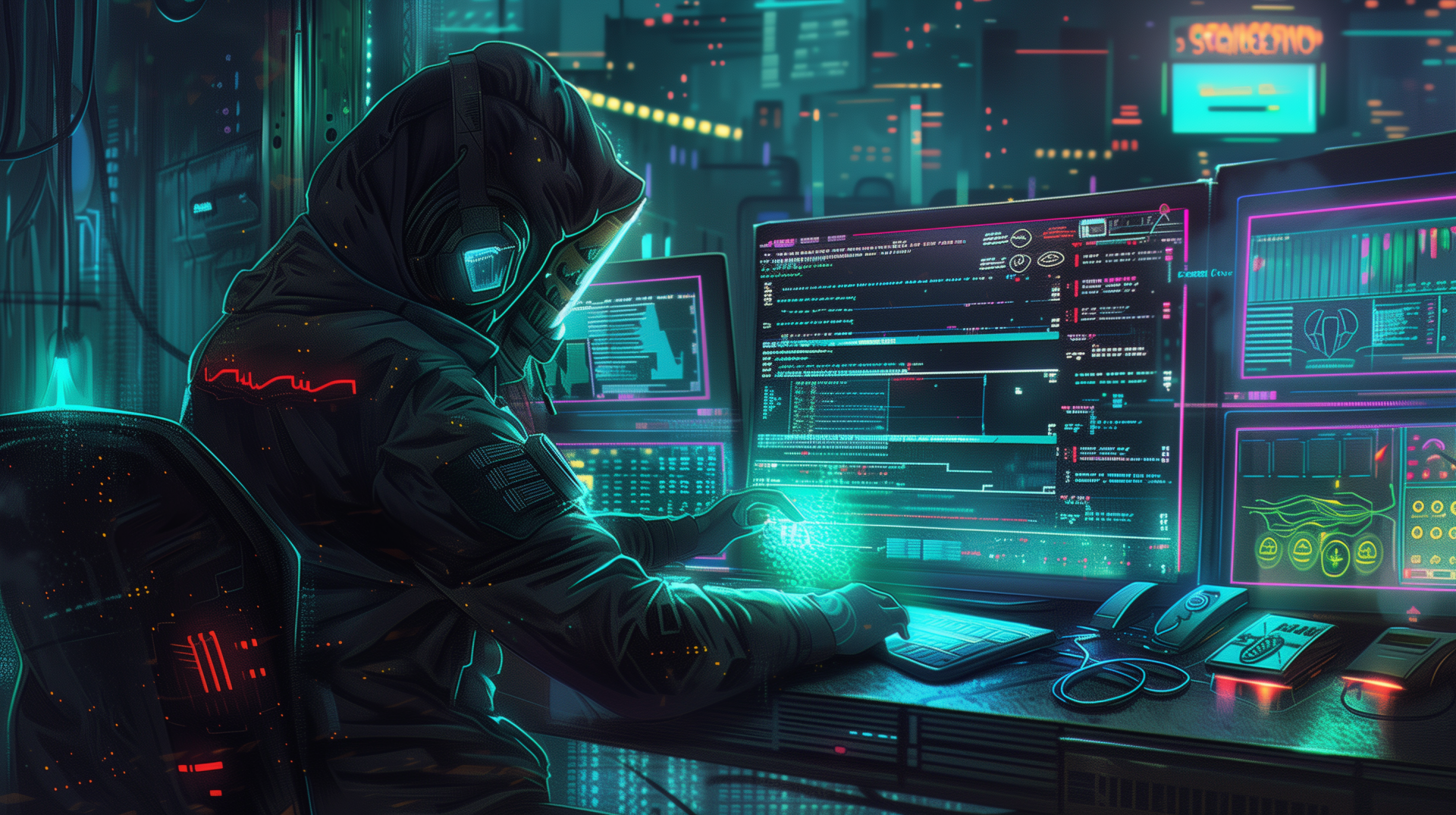 Futuristic programmer at a desk with multiple computer monitors displaying code, in a neon-lit cityscape for an HD desktop wallpaper and background.