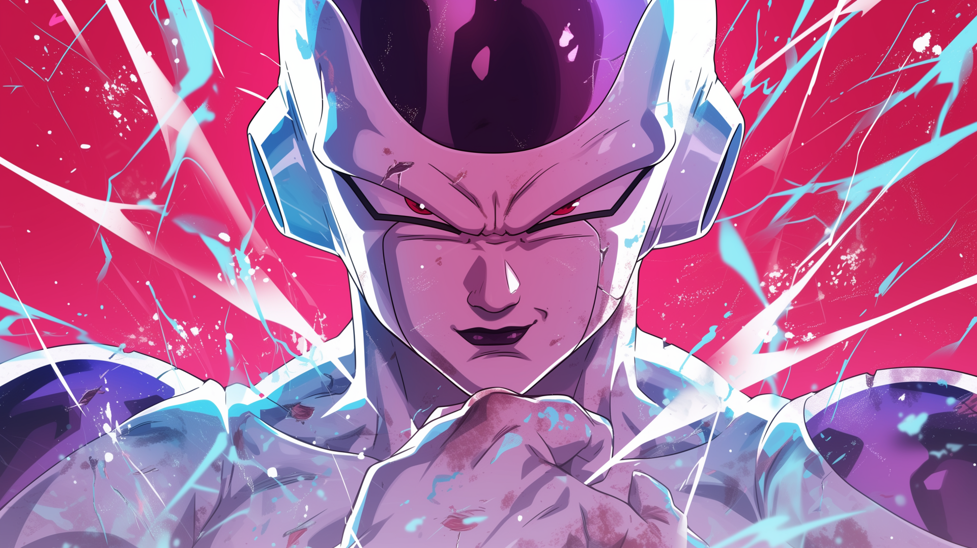 HD wallpaper featuring an intense illustration of Frieza from Dragon Ball with a dynamic, colorful energy background.