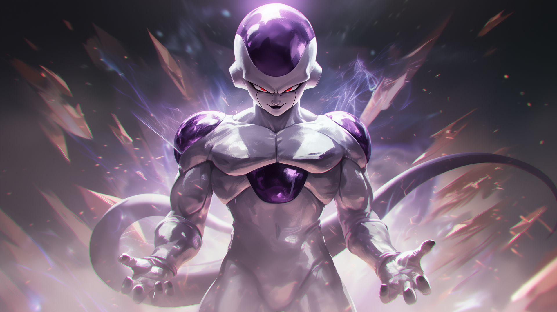 HD wallpaper featuring Frieza from Dragon Ball, showcasing the character with a powerful stance amidst a dynamic background of energy and movement.